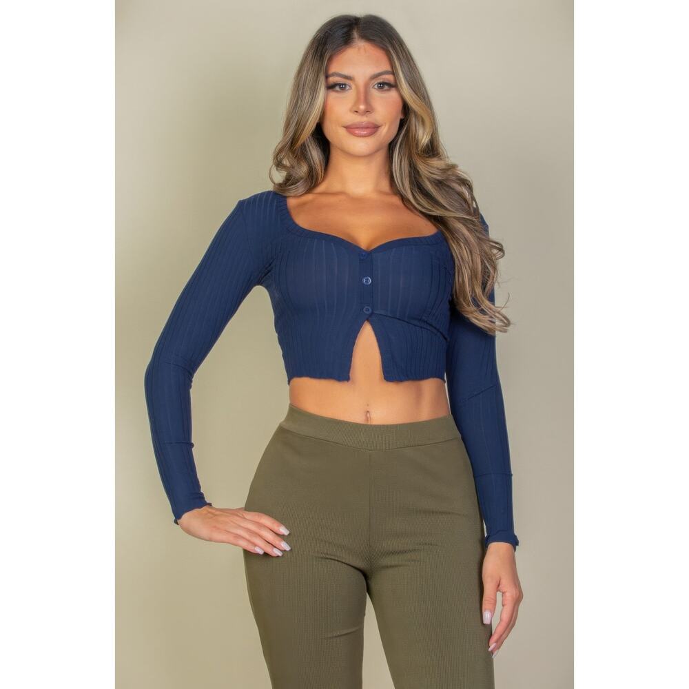 HackleBee | Navy Blue Ribbed Button Front Split Long Sleeve Top Size S, M, L